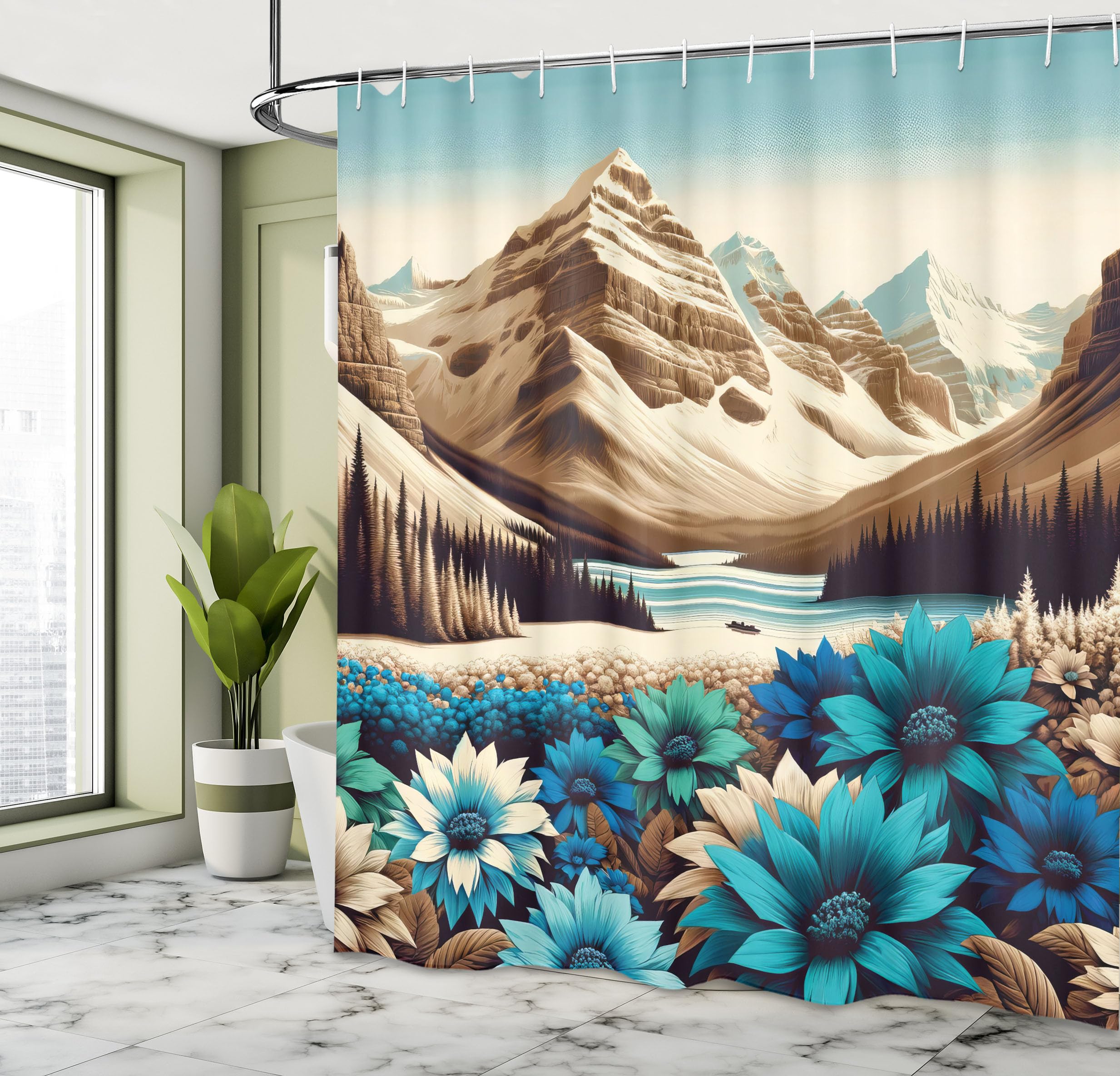 Ambesonne Lake Shower Curtain, Art Of Mountain Scene With Icy Tone Sunflowers Meadow And Dark Woodland, Cloth Fabric Bathroom De